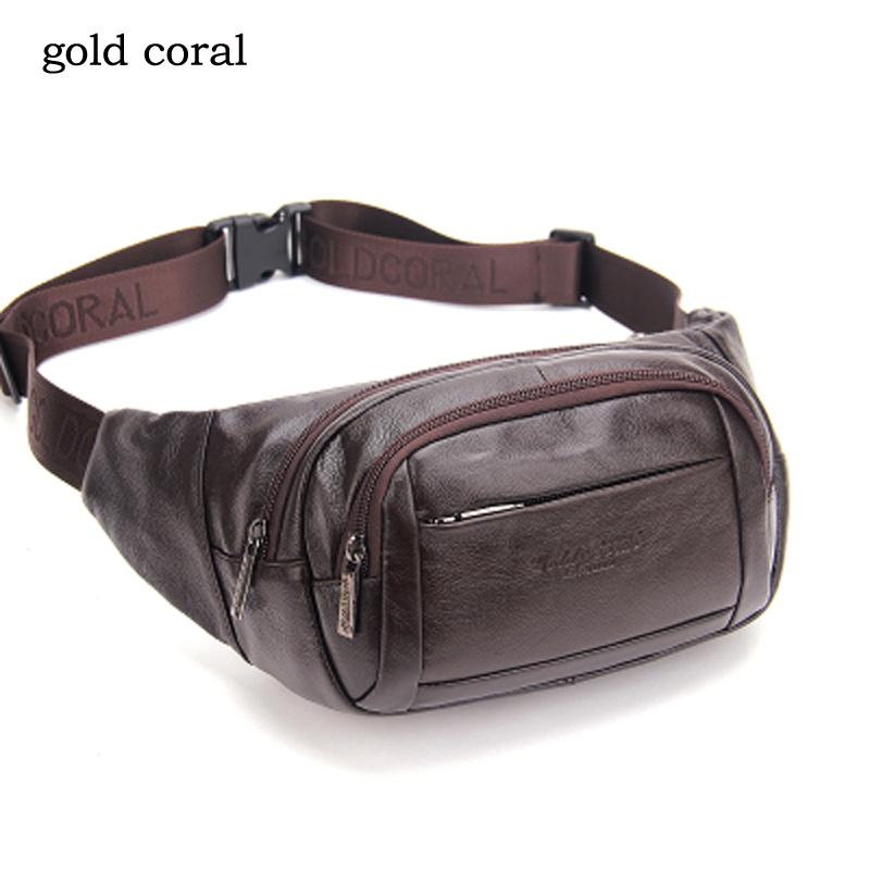 

GOLD CORAL Genuine Leather Waist Belt Bag Men Messenger Shoulder Fanny Pack Male Crossbody Chest Bags Travel Waist Packs Purse