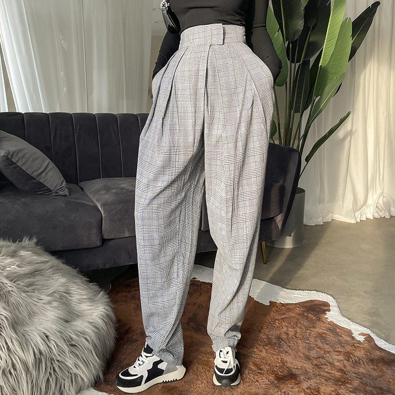 

2021 New Black and White Spring All-match Chess Vintage Casual Style High Waist Wide Leg Streetwear Women' Pants JW74, Beige
