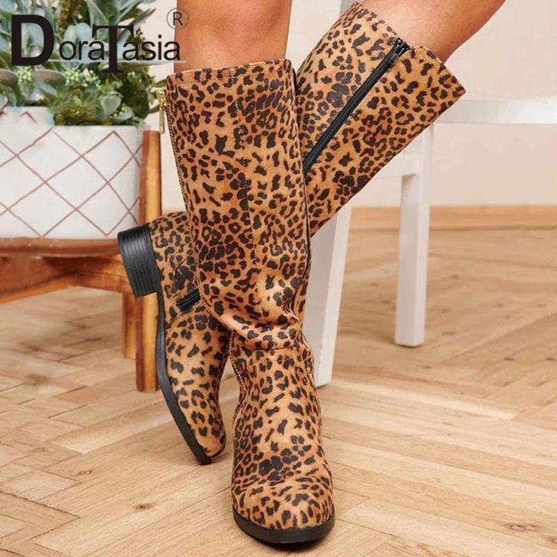 

DORATASIA New Ladies Leopard Mixed Colors Boots Fashion Chunky Heels Knee High Boots Women 2021 Casual Party Shoes Woman, Pink