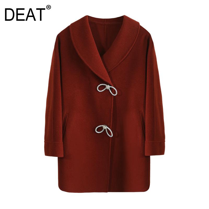 

DEAT] 2020 Winter New Wide-waisted Single-breasted Turn-down Collar Solid Color Long Sleeve Women Cashmere Coat 13U977, Red
