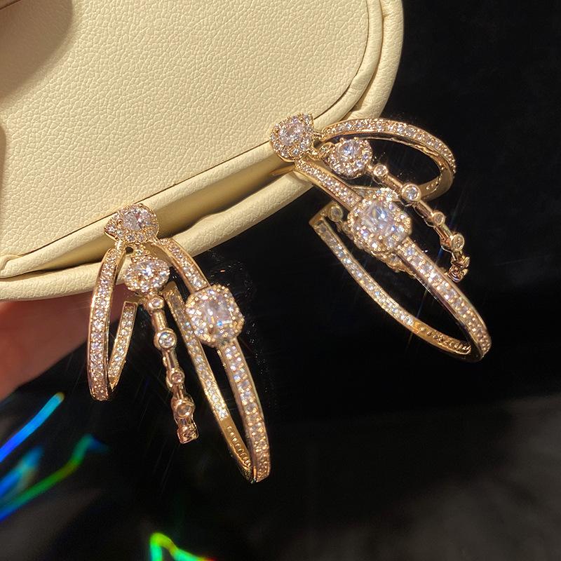 

For Women Simple Cubic Zirconia Earring Stud Jewelry French Three-Layer Hoop Simple Geometric Circle Luxury Party Wedding Gift