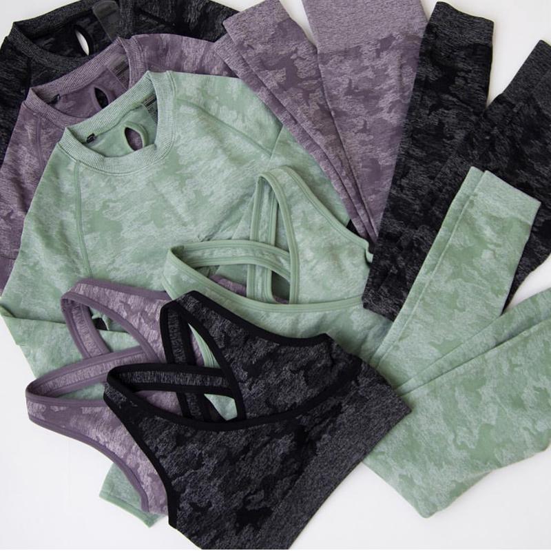 

3PCS Camo Seamless Yoga Set Sports Wear For Women Fitness Clothing Yoga Leggings+Sport Bra+Long Sleeve Crop Top Gym Sports Suits, Gary 2 pcs set