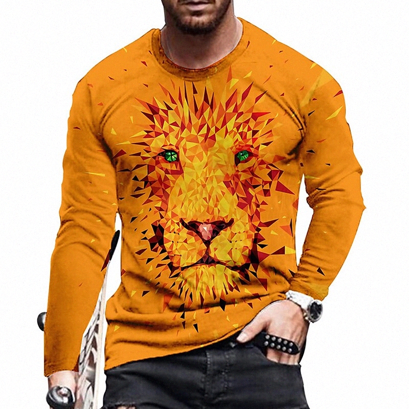 Men&#039;s Unisex T shirt 3D Print Graphic Prints Lion Crew Neck Daily Holiday Print Long Sleeve Tops Casual Designer Big and Tall Orange A3VD#-image-754682718