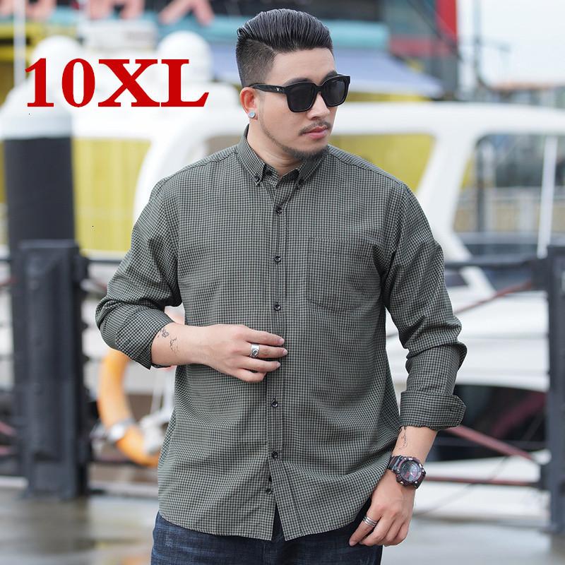 

10XL 9X Men Plaid Shirt 100% Cotton 2020 Spring Autumn Casual Long Sleeve Shirt Soft Comfort Slim Fit Styles Brand Man Plus Size, Black