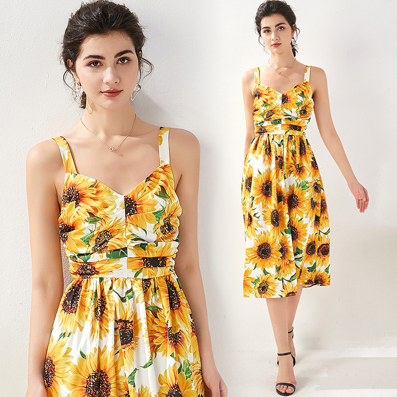 

2021 New Merchall Fashion Designer Runway Summer Women Spaghetti Strap Backless Suower Print Beach Vacation L4qp, Yellow