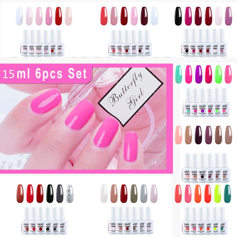 

Elite99 6 Pieces/set 15ml Nail Gel Set Shinny Color Gel Lacquer Semi Permanent Soak Off UV Polish Set Hybrid Varnishes