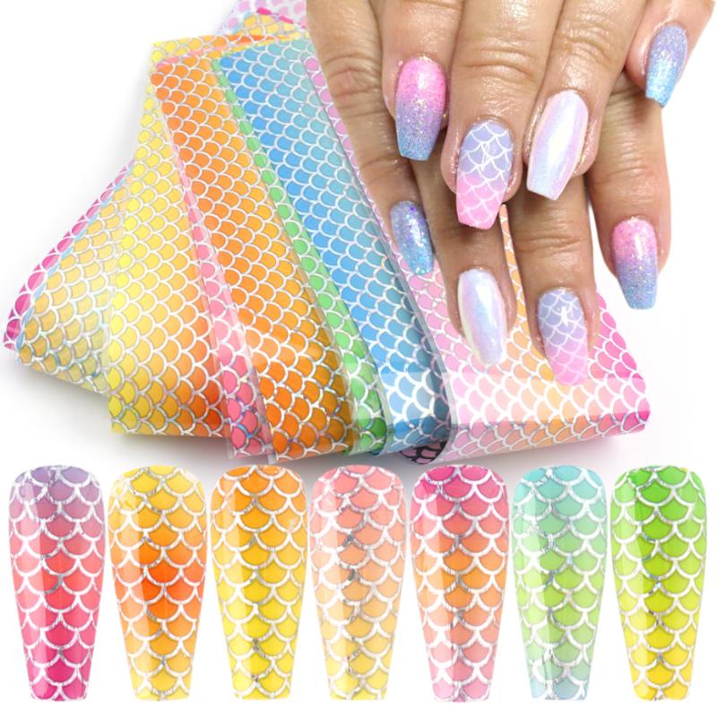 

10pcs Nail Design Stickers Fish Scale Transfer Foils Nail Art 2020 Holographic Starry Paper Manicure Fake Decorations LA9114, 9114 bag