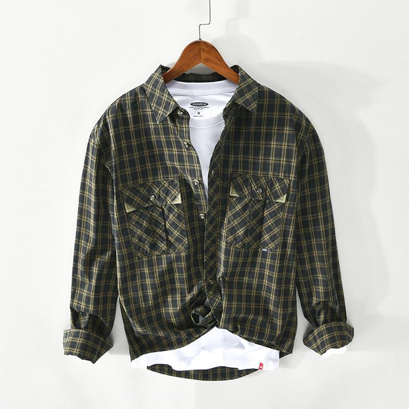 

Japan Harajuku Style Spring Fall Trendy Vintage Plaid Long Sleeve Pockets Lapel Shirts Men 100% Premium Cotton Blouses Tops Male, Tz131 green
