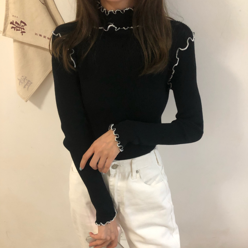 

Pullovers solid collar high long sleeve Korean mesh tops spring 2021 Autumn crocheted black sweater 012c, White