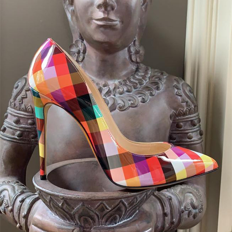 

New 2020 Summer Multi-color Style Printing Patent Leather Pointy Toe Stiletto Women's High Heels 12cm Large Size 44 E10g, 33