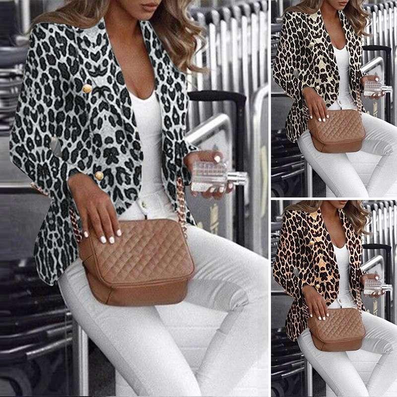 

ZANZEA Lapel Long Sleeves Outwears Casual Ladies Sexy Leopard Print Tops Women' Autumn Double Button Work Coats Plus Size 5XL, Gray