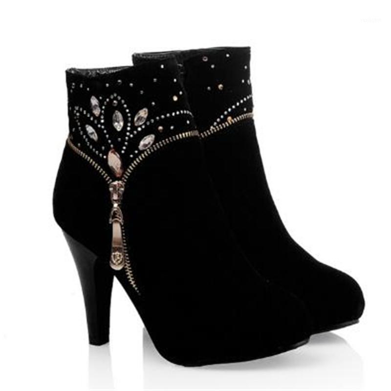 

2020 Fashion Women Ankle Boots Autumn Winter High heels Rhinestone Side zipper Suede Leather Short boots non-slip casual women1, Blue