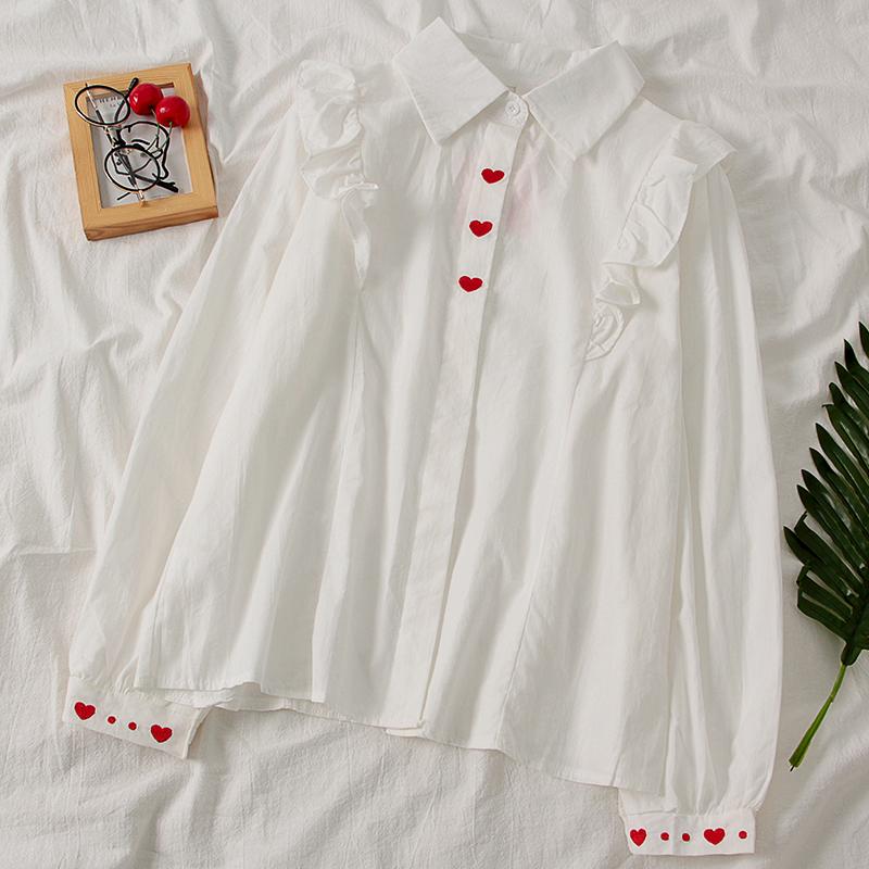 

Embroidery Love Heart Blouse Women long sleeve Casual loose Ladies Blusa Shirts 2021 Spring Fashion Single Breasted shirt top, White
