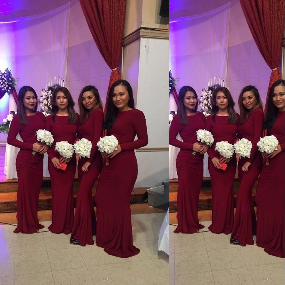 

2021 Cheap African New Bridesmaid Dresses Burgundy Mermaid Long Sleeves Wedding Guest Dress Elastic Garden Formal Wedding Party Gowns Custom