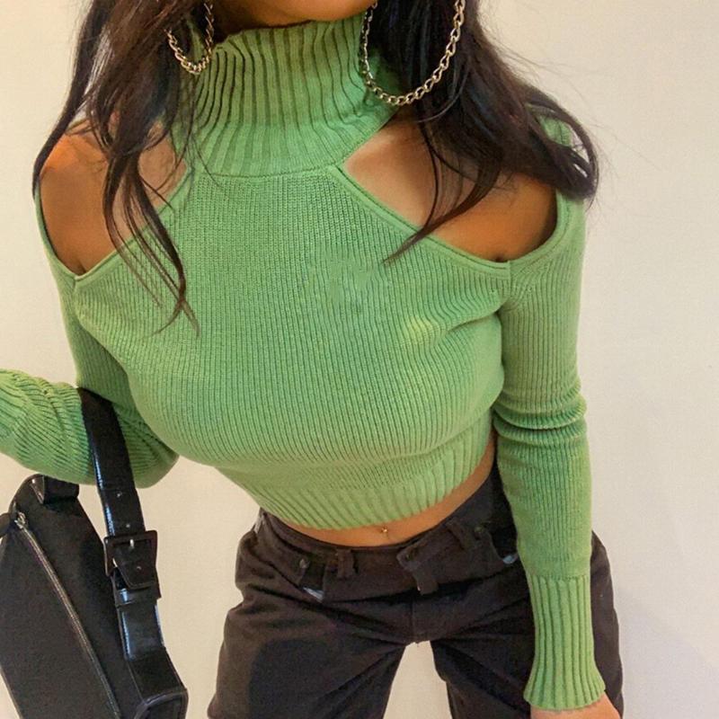 

Cut Out Sexy T Shirts Women Ribbed Knitted Crop Tops Y2k Aesthetic 90s Tops Backless Lace Up Turtleneck Long Sleeve Autumn Tees, Green