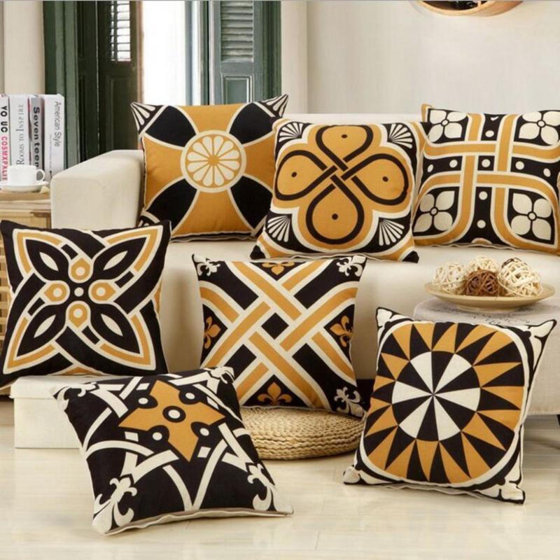 

Modern Yellow Black Decorative Pillow Covers High Quality Linen Cotton Home Decor Geometric Cushion Cover Sofa Throw Pillows, Modern simple style