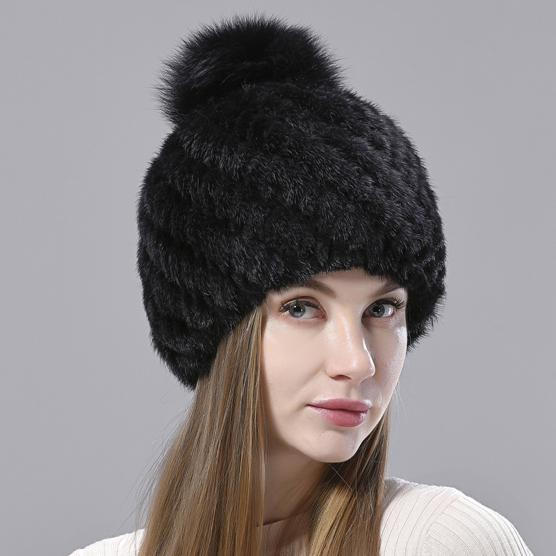 

Natural Vison Chapus para Mulheres Gorros Malha Forro L Pompom Quente Feminina Inverno Chapu de Pele Raposa