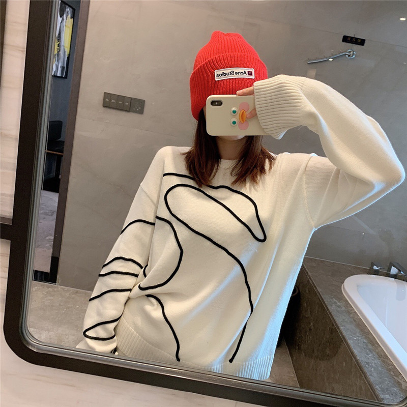 

2021 New Mode Female Wool Embroidered Swan Loose Mesh Chic Tops Korean Brand Long Sleeves Black Oversized Pullovers 8562, White