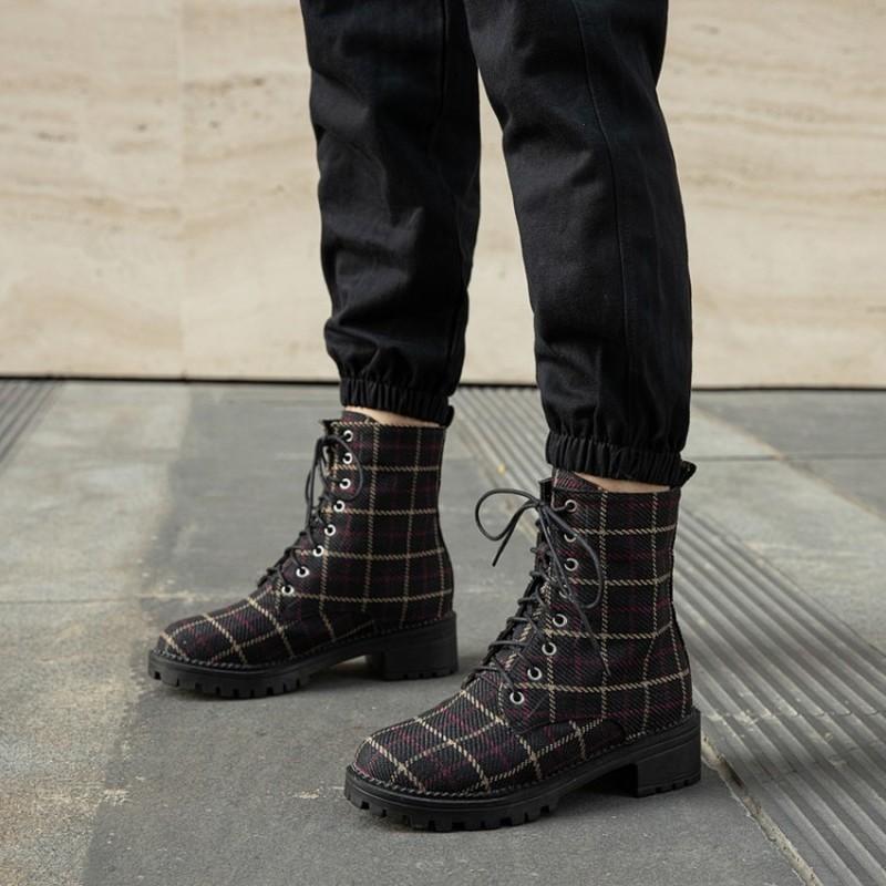 

Plaid Lace Up Ankle Boots Women Med Heel British Style Round Toe Fashion Brand Design Students Shoes, Black