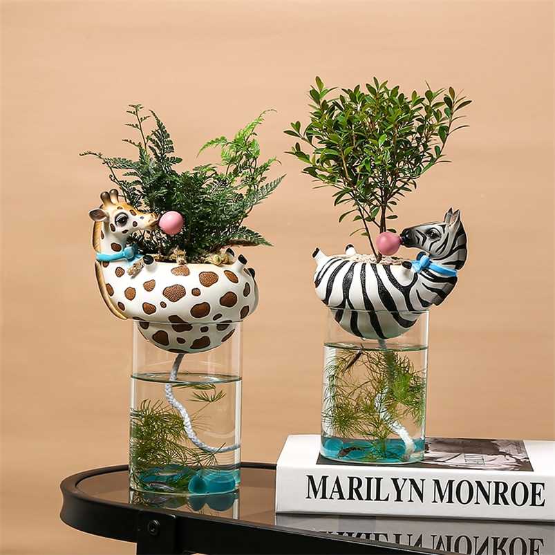 

Resin Animal Head Vase with Fish Tank Bubble Natural Cactus Succulent Plants Flower Pots Decoration Zebra Giraffe Creative Craft 211222