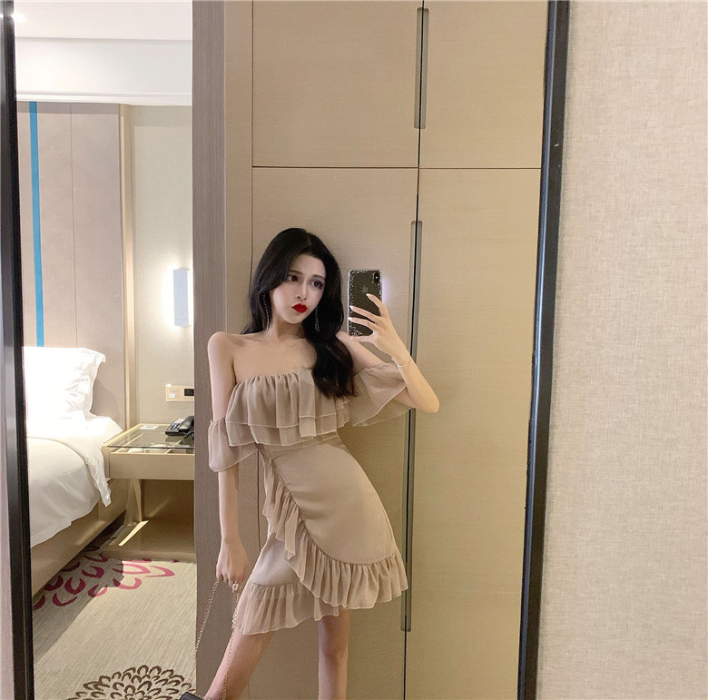 

2021 New Sexy Off the Shoulder Ruffles Sheathed Women's Party Summer Skinny Slash Neck in Small, Black, Mini Dress KBCE, Apricot