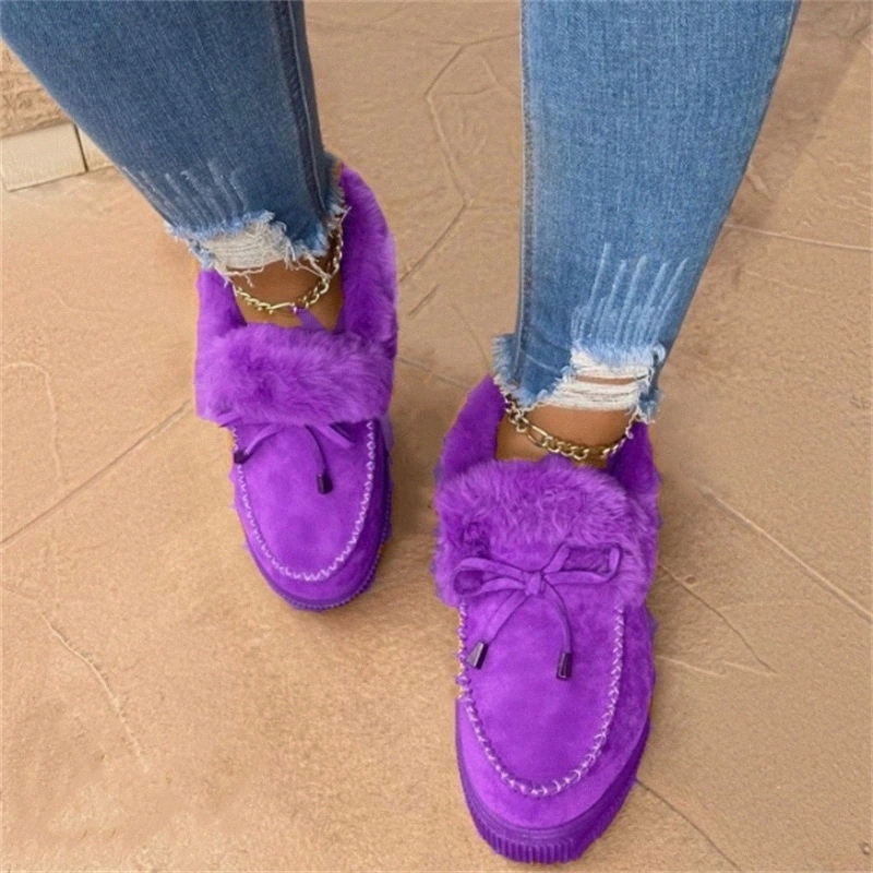 

2020 Winter Boots Women Cute Bowknot Plush Loafers Fur Slip-on Cotton Shoes Female Furry Flat Shoes Winter Warm Short Snow Boots #3x2A