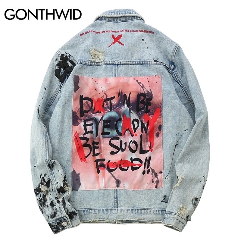 

GONTHWID Mens Graffiti Denim Jackets Streetwear Hip Hop Casual Patchwork Ripped Distressed Punk Rock Jeans Coats Outwear 201128, Light blue