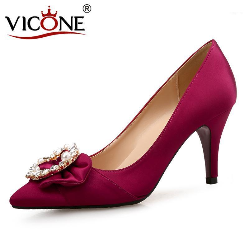 

VICONE Women Spring/Autumn Butterfly-knot Crystal Pointed Toe Silk Party Fashion Heels V101431, Wine