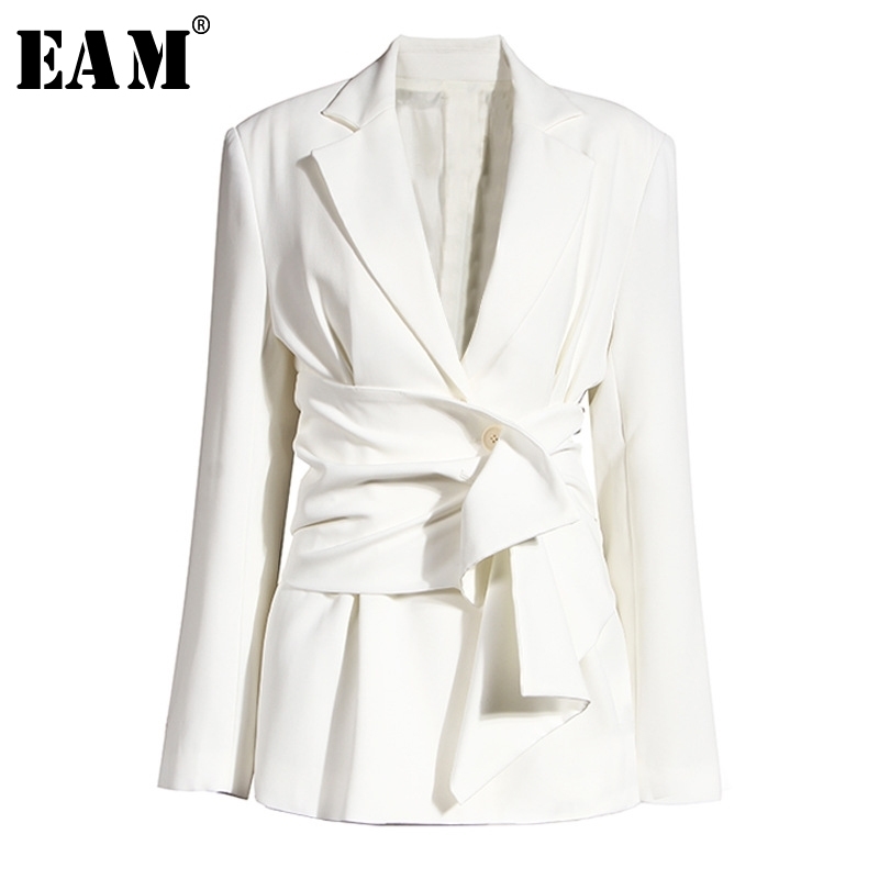 EAM Women White Knot Split Joint Irregular Blazer Lapel Long Sleeve Loose Fit Jacket Fashion Spring Autumn 1X343 201114Z