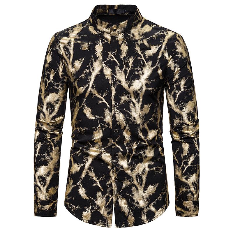 

Mens Prom Shiny Gold Feather Print Slim Fit Long Sleeve Button Down Dress Shirts Disco Party Nightclub Prom Shirt Men Chemise, Silver