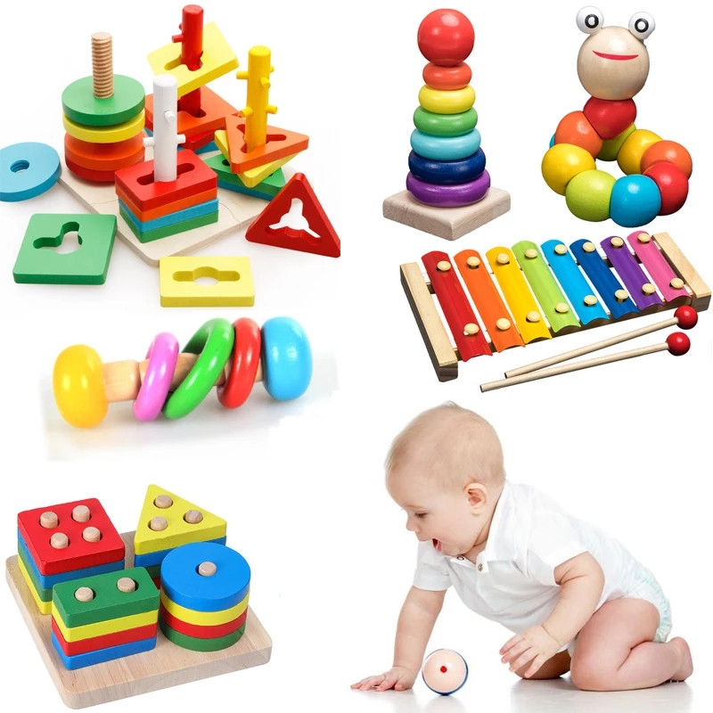 

Kids Montessori Wooden Toys Rainbow Blocks Kid Learning Baby Music Rattles Graphic Colorful Educational Toy