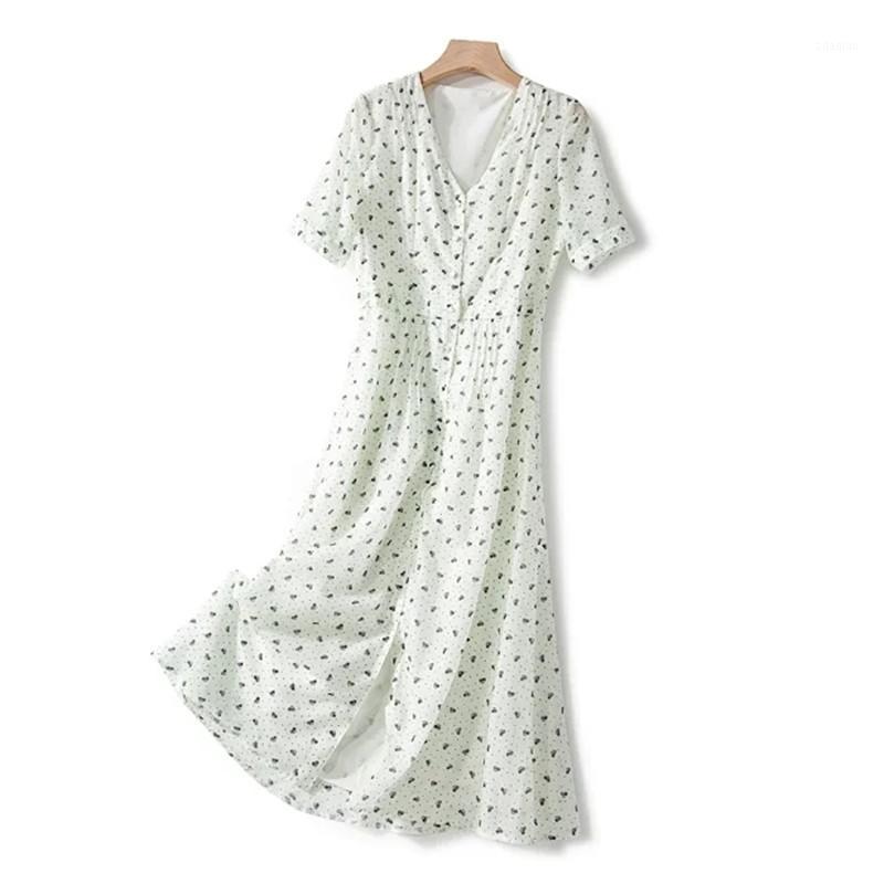 

Dot Floral Print Women Dress V-neck Short Sleeve White Female Casual Clothes Lady Mid-calf Dress with Buttons Spring Summer 20201, As show picture