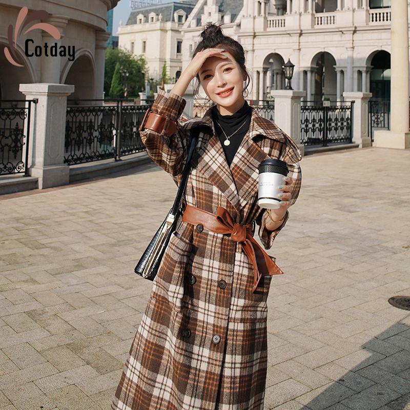 

Cotday Long Women Turn-down Collar Winter 2021 New Plaid Vintage Temperament Windbreaker Jacket Loose Students Woolen Blend Coat