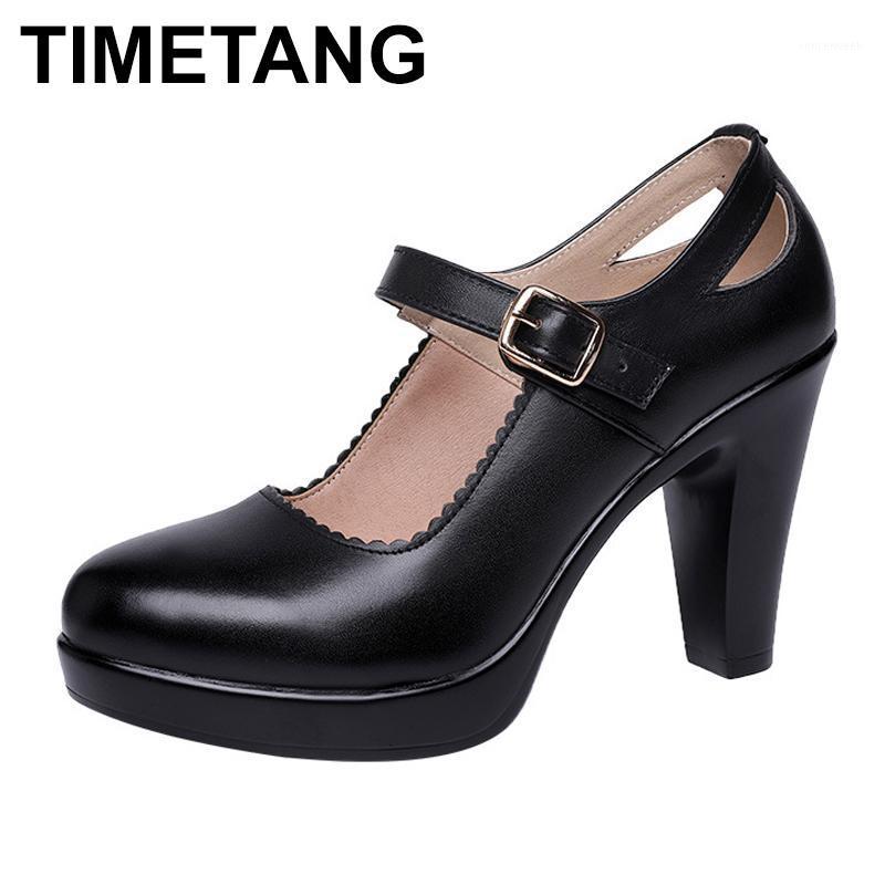 

TIMETANGFashion Brand New Women High Heels Platform Pump Shoes Ladies Block Heel Shoes Black Split Leather Work Ankle Strap Shoe1