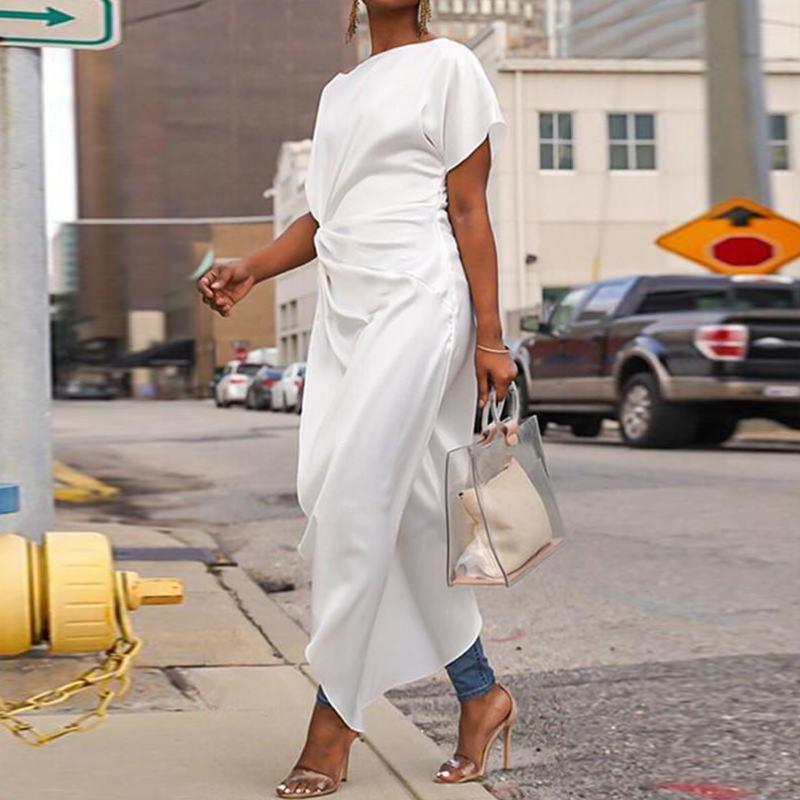 

Women Casual Asymmetrical Blouse Pleated Short Sleeve Shirt Swallowtail Tops, Black