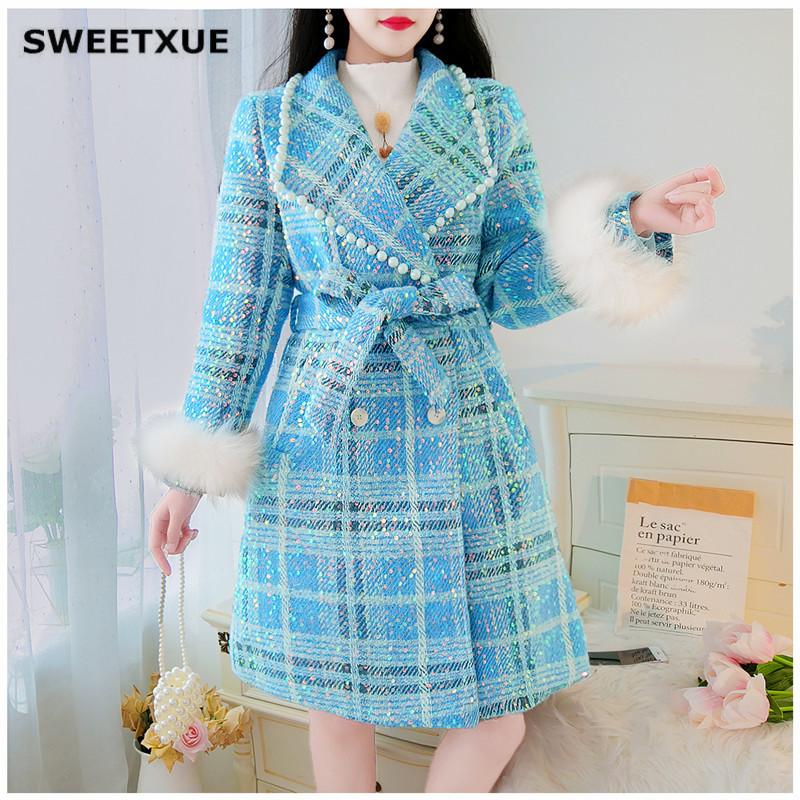 

SWEETXUE Sequined Tweed Ladies Coat Jacket Women' Beaded Double-Breasted Cuffs Faux Fur Fashion Elegance Outerwear, Pink