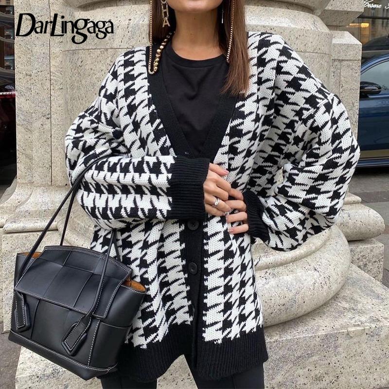 

Darlingaga Fashion Vintage Long Houndstooth Sweater Cardigan Women Buttons Jacket Coat Knitwear Autumn Winter Sweaters Outwear, Black