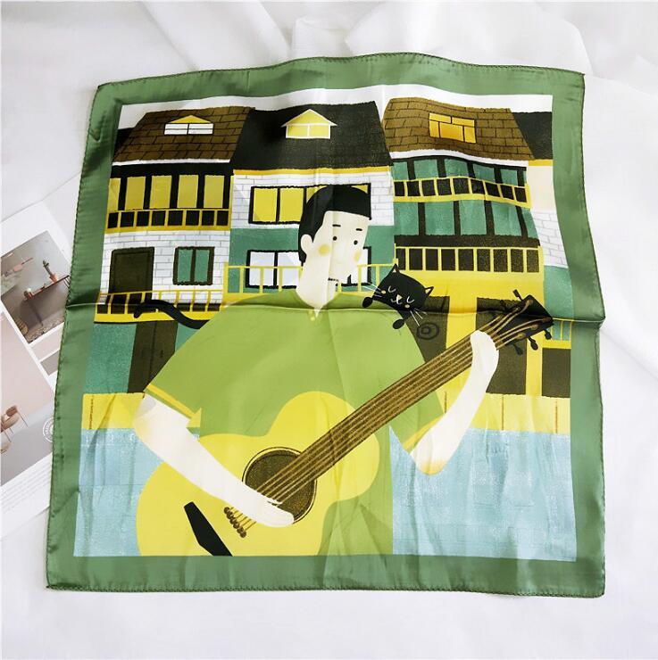

Scarves Autumn Musician Small Square Printed 2021 Brand Ladies Accessories 100% Pure Silk Scarf 53*53CM Green People