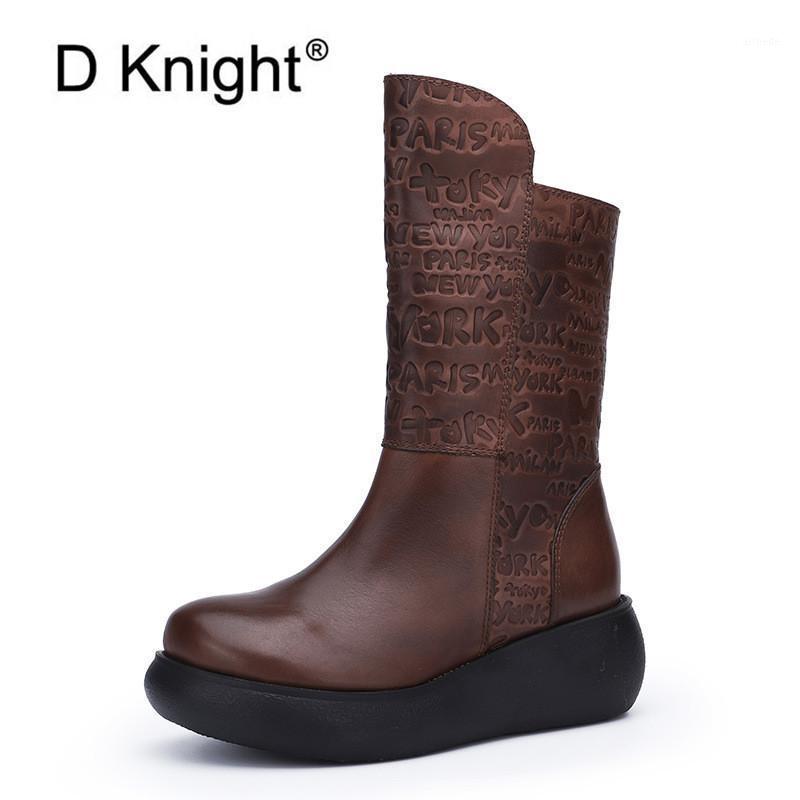 

D Knight Retro Women Mid-Calf Boots Handmade Genuine Leather Long Booties Women High Heel Cowboy Boot Fashion Casual Wedge Shoes1, Black w60