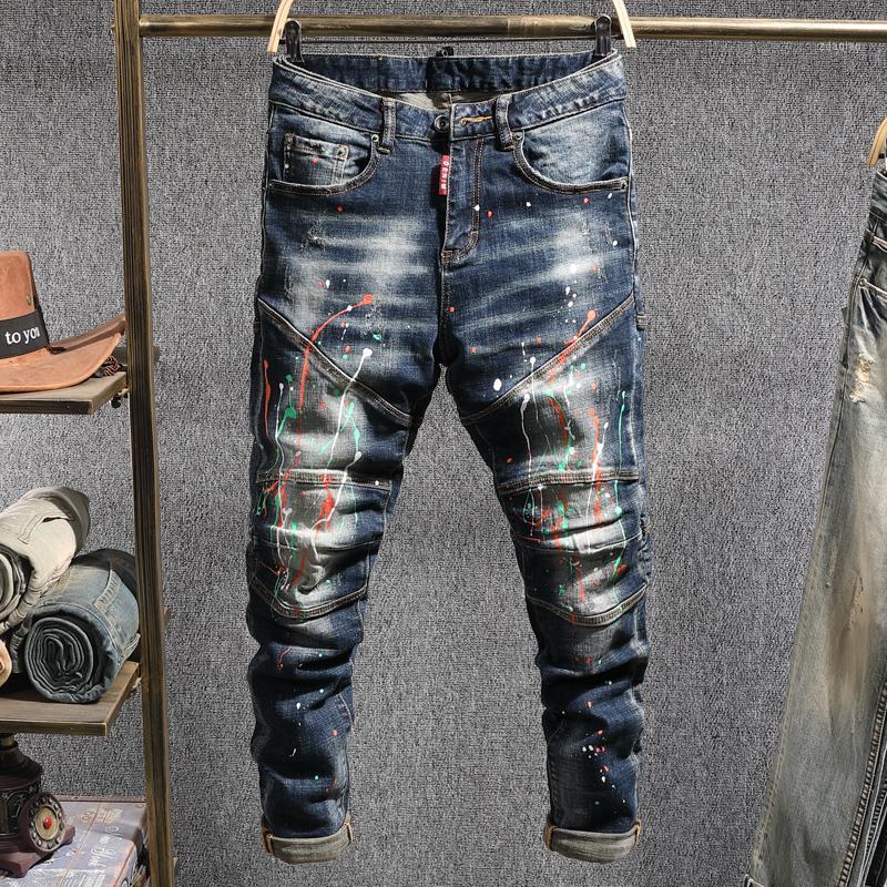 

Ameircan Streetwear Fashion Men Jeans High Quality Slim Fit Paint Designer Jeans Men Hip Hop Pants Spliced Biker Homme1, Retro blue