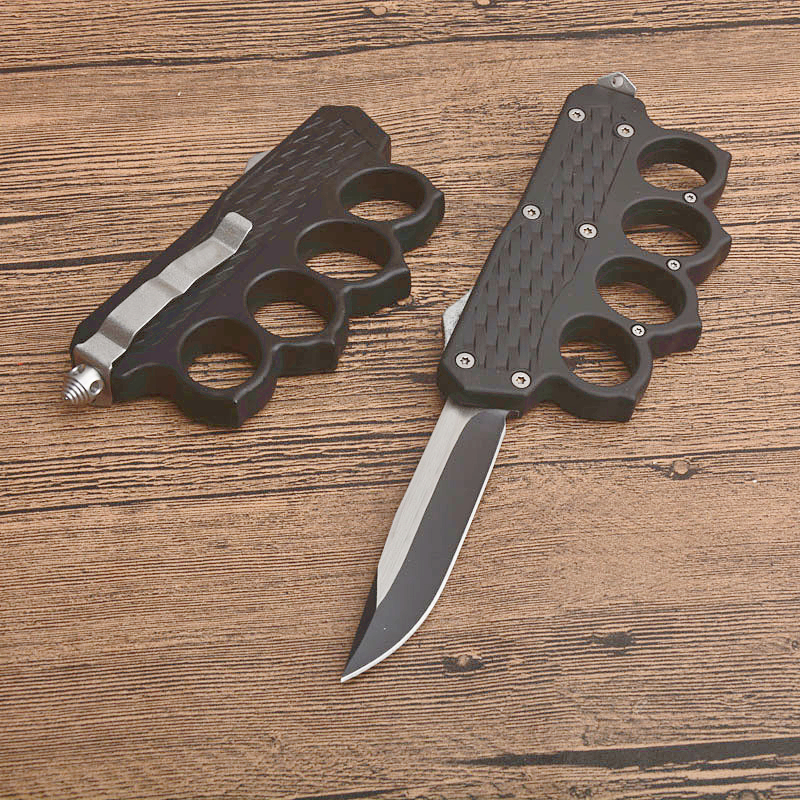 

High Quality Knuckle AUTO Tactical Knife 440C Single Edge Drop Point Fine Zn-al Handle Blade Gift Knives With Nylon Bag