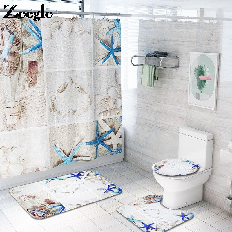 

Starfish Bath Mat and Shower Curtain Set Microfiber Toilet Floor Mat Non Slip Absorbent Bathroom Shower Foot