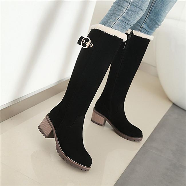 

YMECHIC Winter Keep Warm Thick Snow Boots Women Chunky High Heels Knee High Long Motorcycle Ridding Boots Female Shoes Plus Size1, Black