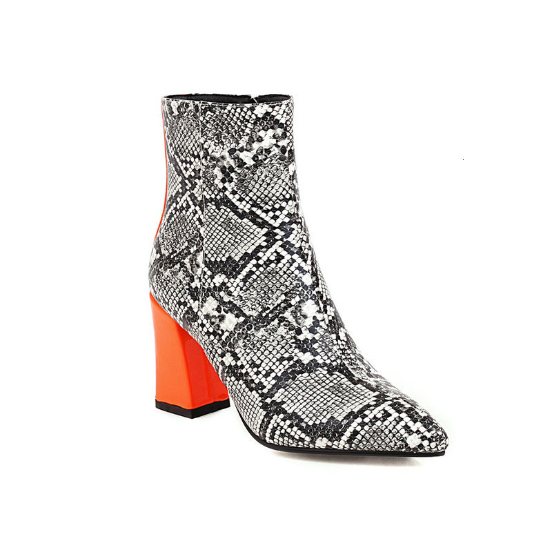 

2021 New Snakeskin Pu Leather Fashion Ankle Sexy Pointed Toe Women Shoes Square High Heel Short Boots Size 34-43 B26r, Apricot