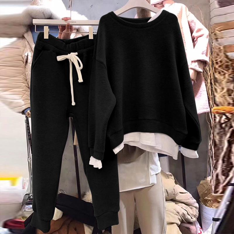

Women' Hot Sale O-neck Two-piece Suit 2020 New Loose Fake Sweater + Casual Pants 2 Piece Pullover Cotton Elastic Waist Full, Black