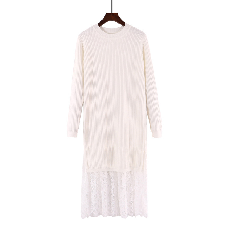 

2021 New Lace Stitching Sweater Women Autumn Winter Long Straight Dress Knitted Dresses Maxi Retro Lady Ribbed Robe Pullover Dres L2gw, White