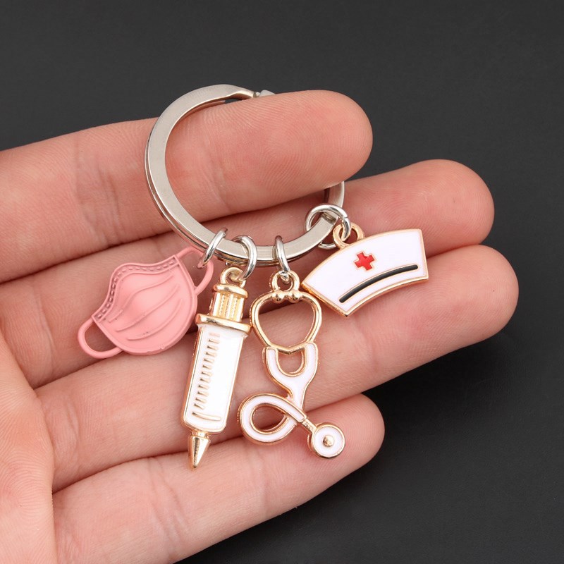 

wholesale New Doctor Keychain Medical Tool Key Ring Injection Syringe Stethoscope Nurse Cap Key Chain Medico Gift DIY Jewelry Handmade