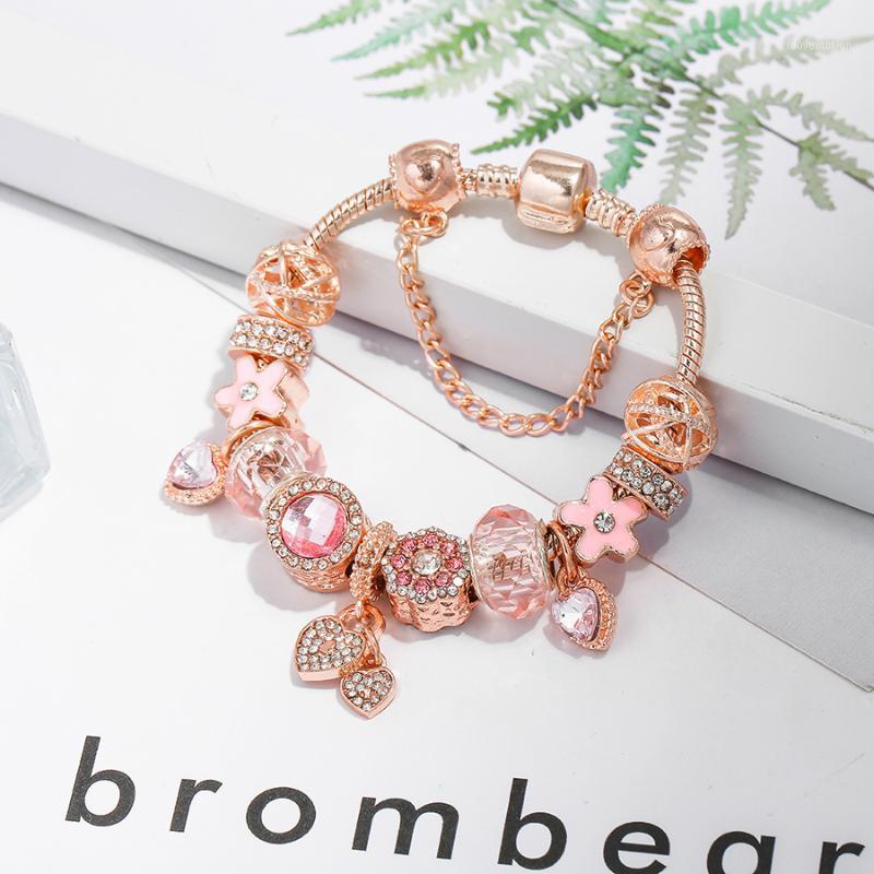 

DINGLLY Rose Gold Heart Lock Charm Bracelets For Women Original Pink Crystal Heart Beaded girls Bracelet Bangle Jewelry gift1