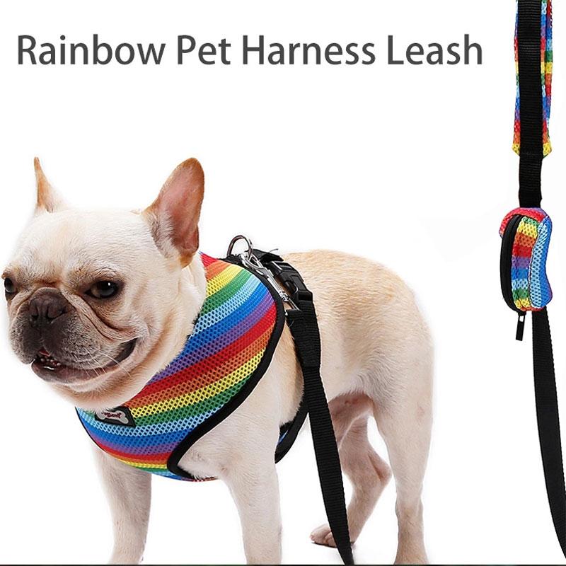 

Breathable Rainbow Mesh Dog Pet Harness Leash set with Poop Bag Soft Breathable Rainbow Mesh Adjustable Dog Pet Leash
