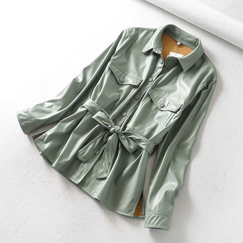 

Women's Leather & Faux Ailegogo 2021 Women Jacket Single Breasted Casual Coat Tie Streetwear Coats PU Shirt Tops With Belt1, Green